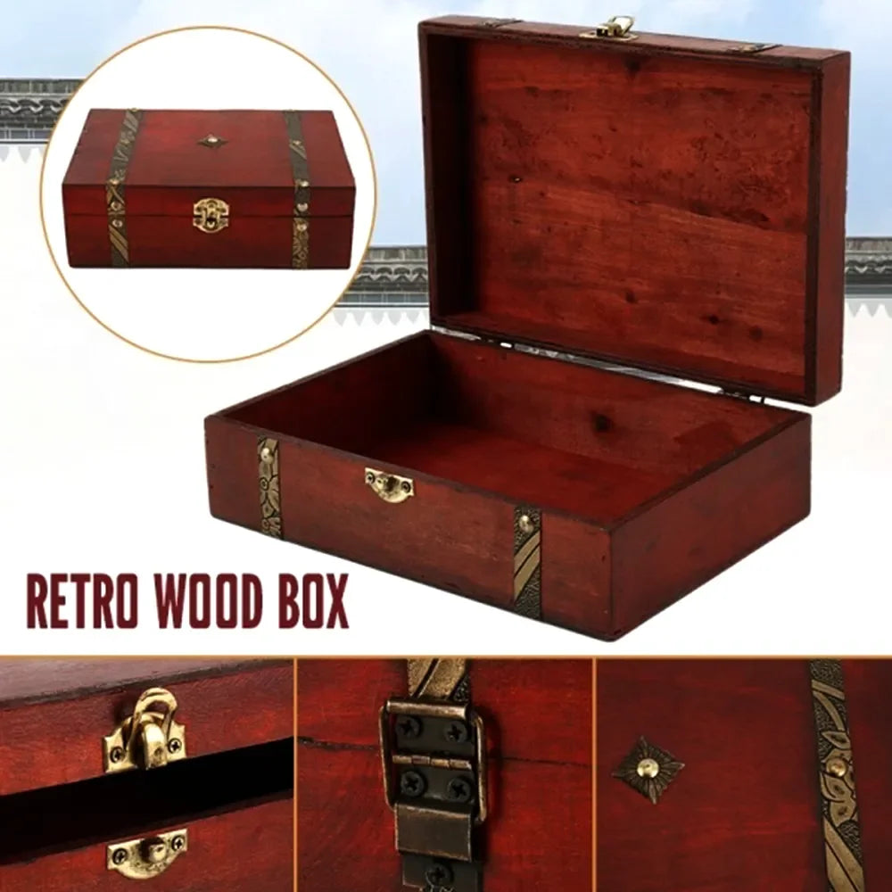 Rectangular vintage-inspired wooden keepsake box with bronze hardware shown open and closed