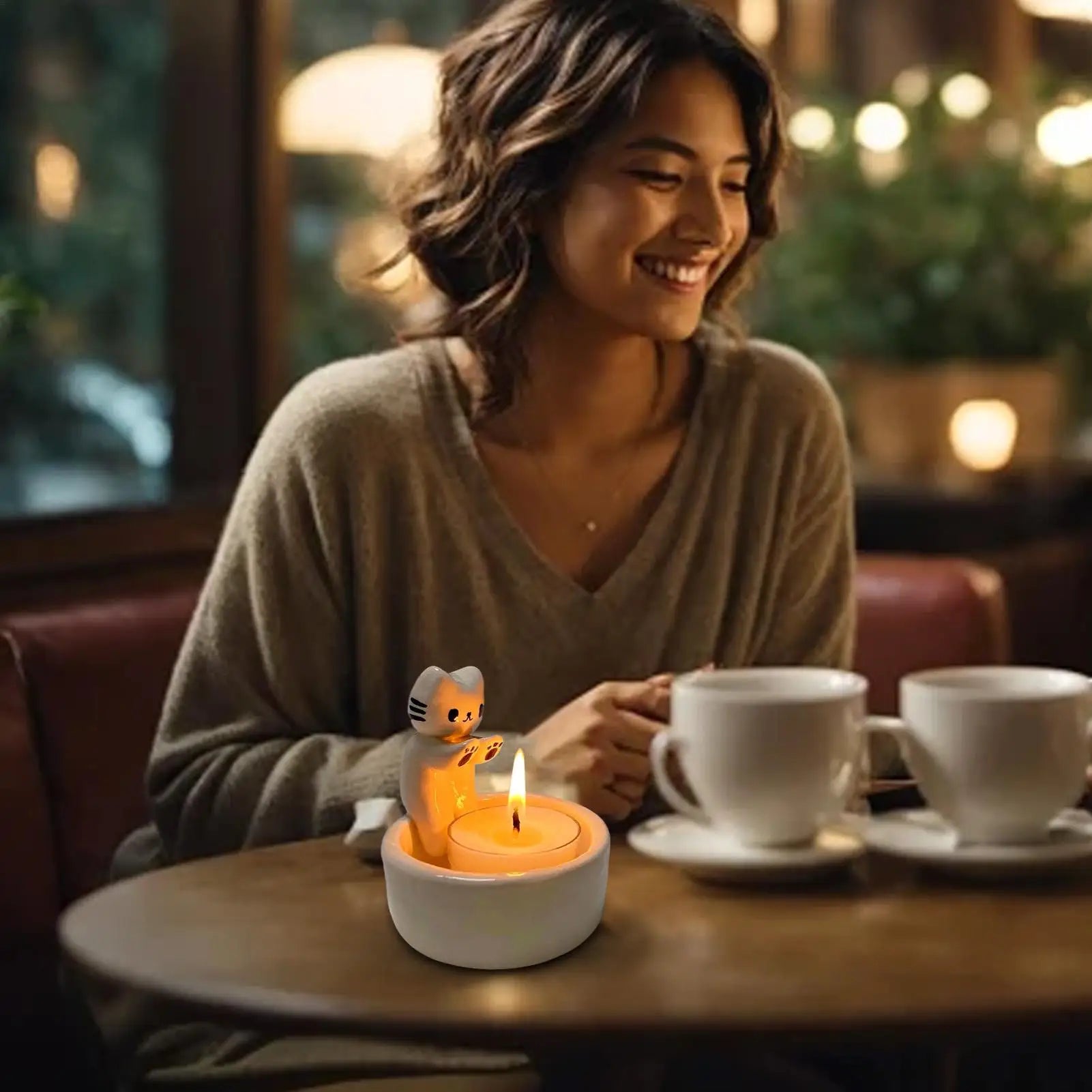 cat tealight holder on café table with woman enjoying coffee