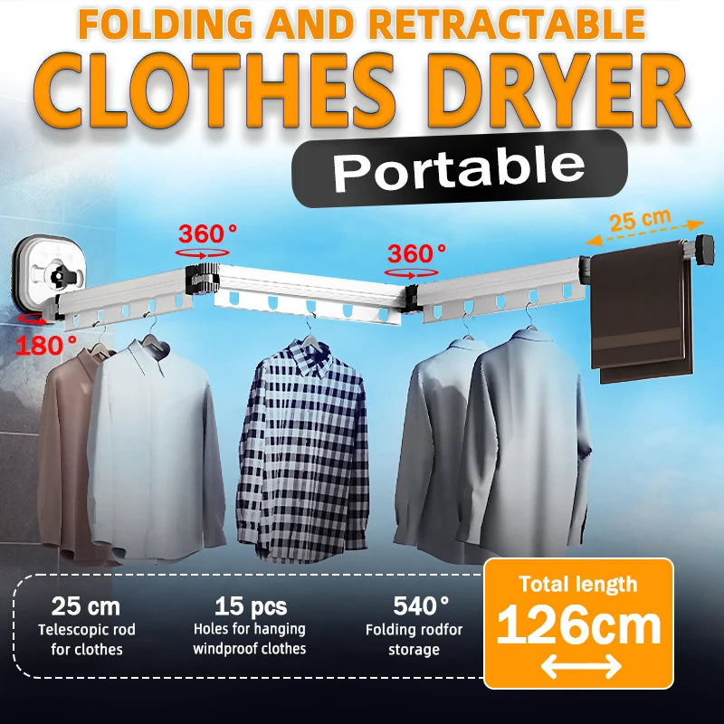 White Folding Suction Cup Drying Rack, Aluminum Wall-Mounted Telescopic Clothes Hanger for Laundry & Balcony
