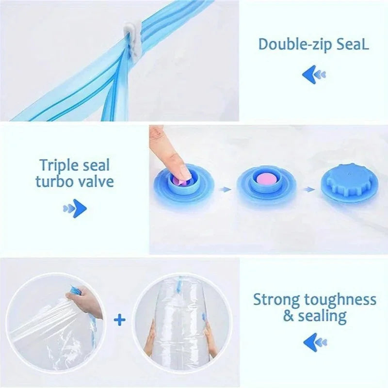 Close-up of vacuum bag valve and double-zip closure for air-tight sealing
