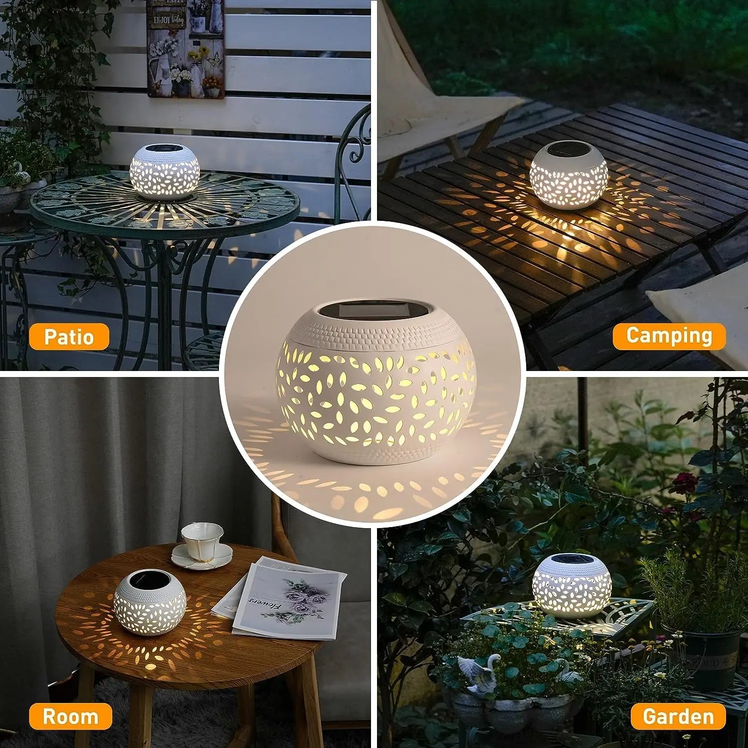 Collage of metal solar lantern in patio, camping, room, and garden settings