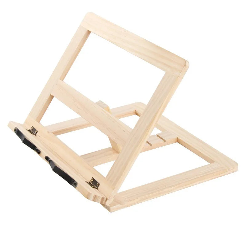 Natural wood book holder for reading or studying on a white background