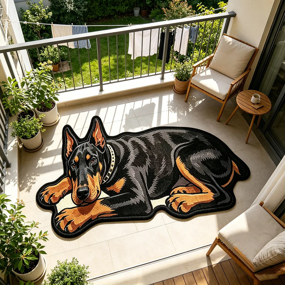 Doberman shaped floor mat on a balcony with garden and outdoor seating