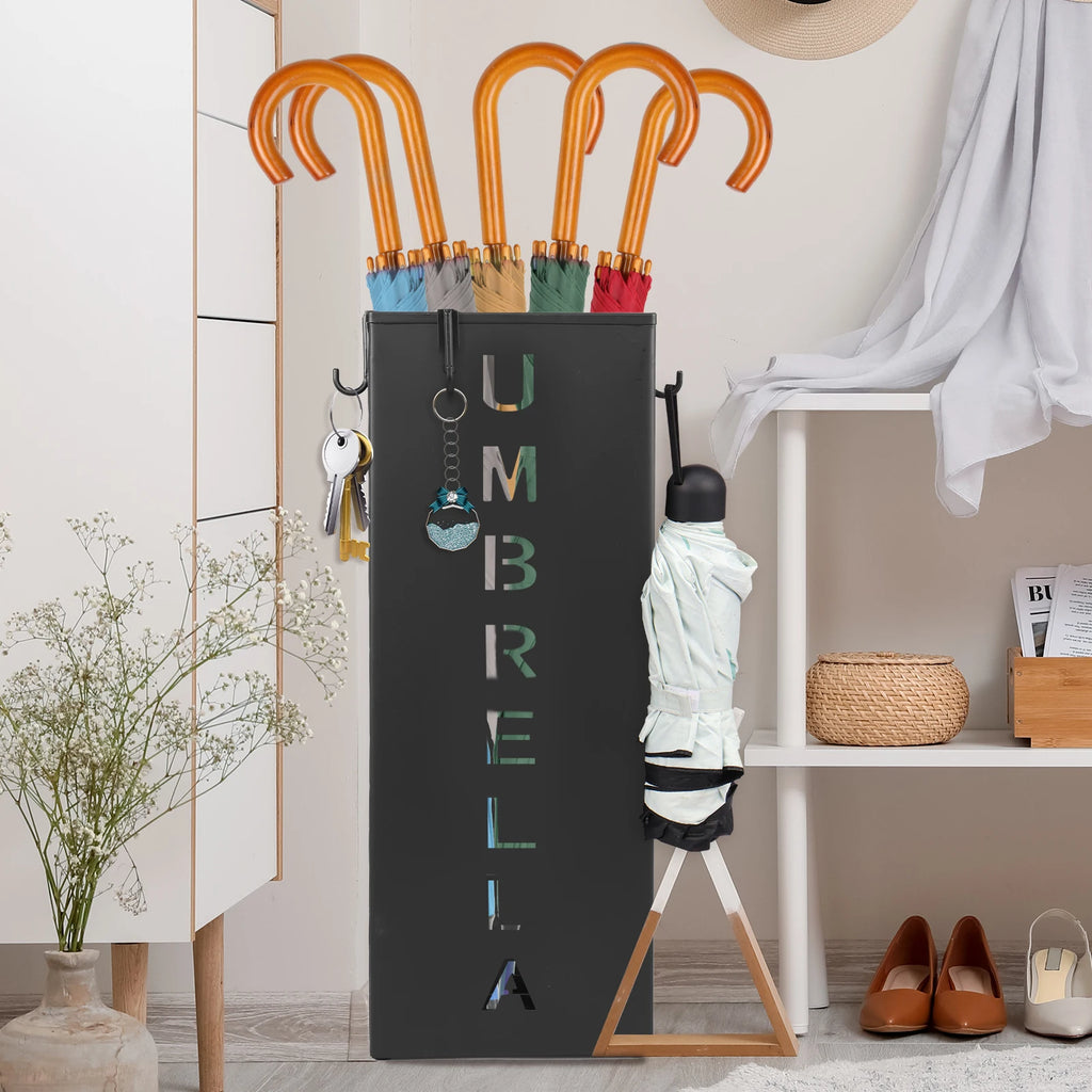 Metal Umbrella Stand with Removable Hooks for Entryway or Mudroom