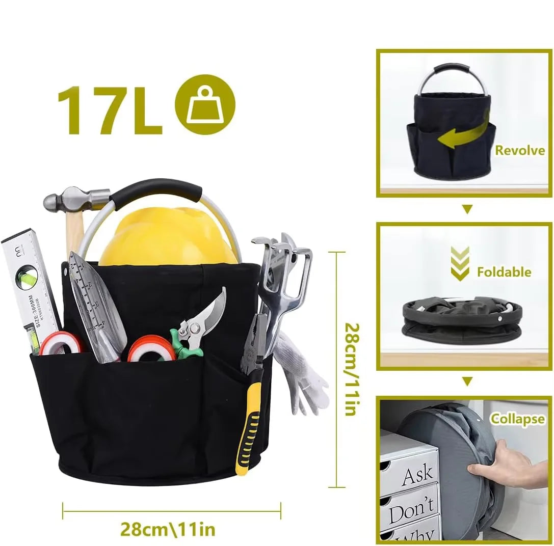 Black foldable storage caddy with handle, filled with tools, shown with dimensions and folding steps