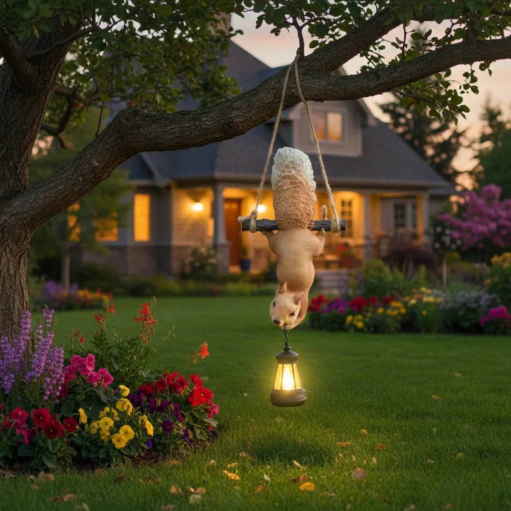 Hanging resin squirrel garden statue with solar lantern glowing at dusk in a landscaped yard
