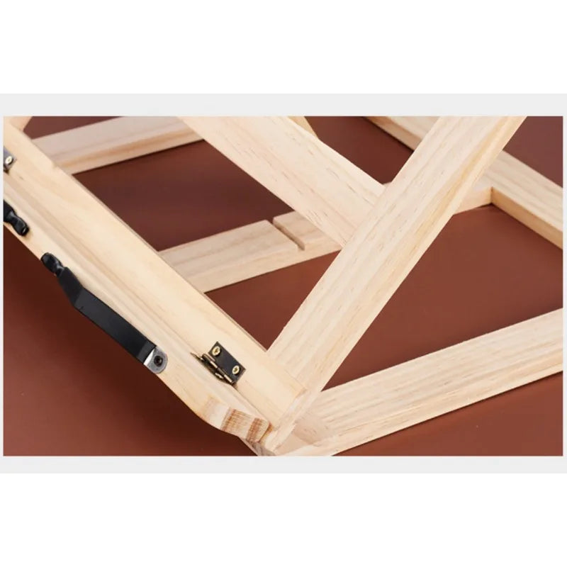 Close-up of wood book stand hinge and clip details