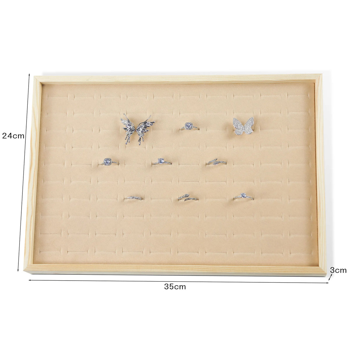 Velvet Jewelry Tray for Drawer or Dresser Organization – Beige & Apricot Wood Display with Compartments for Rings, Necklaces, Earrings