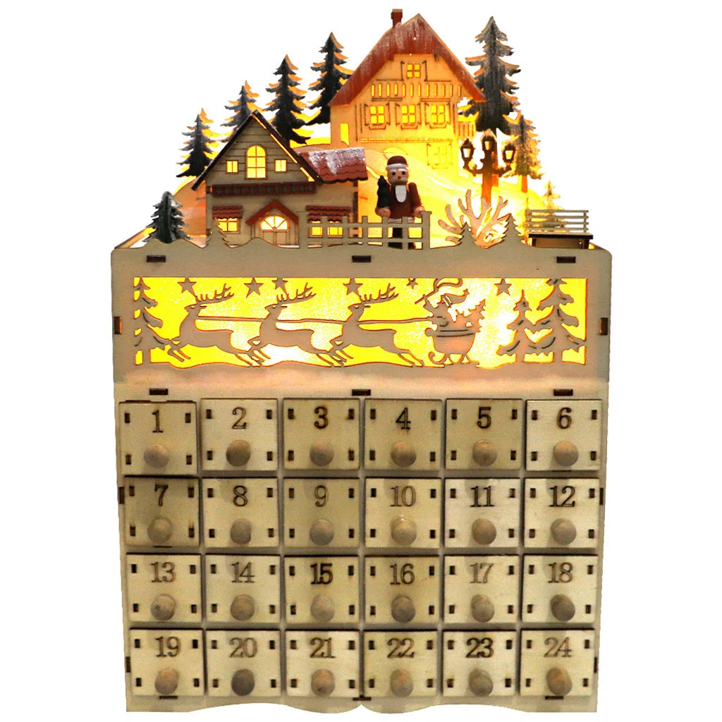 wooden Advent calendar with LED-lit Christmas village scene and numbered drawers