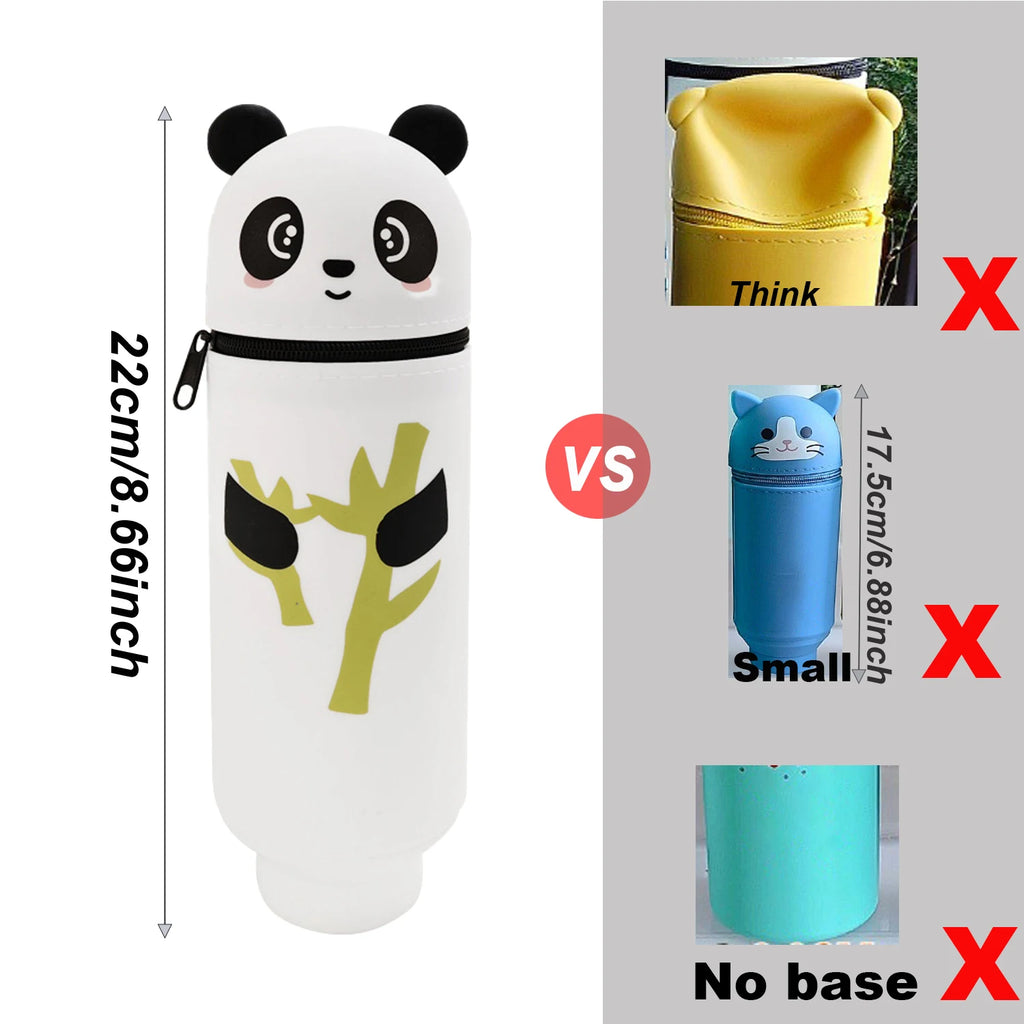 Comparison photo showing panda pencil case with base next to other cases without base and of different sizes
