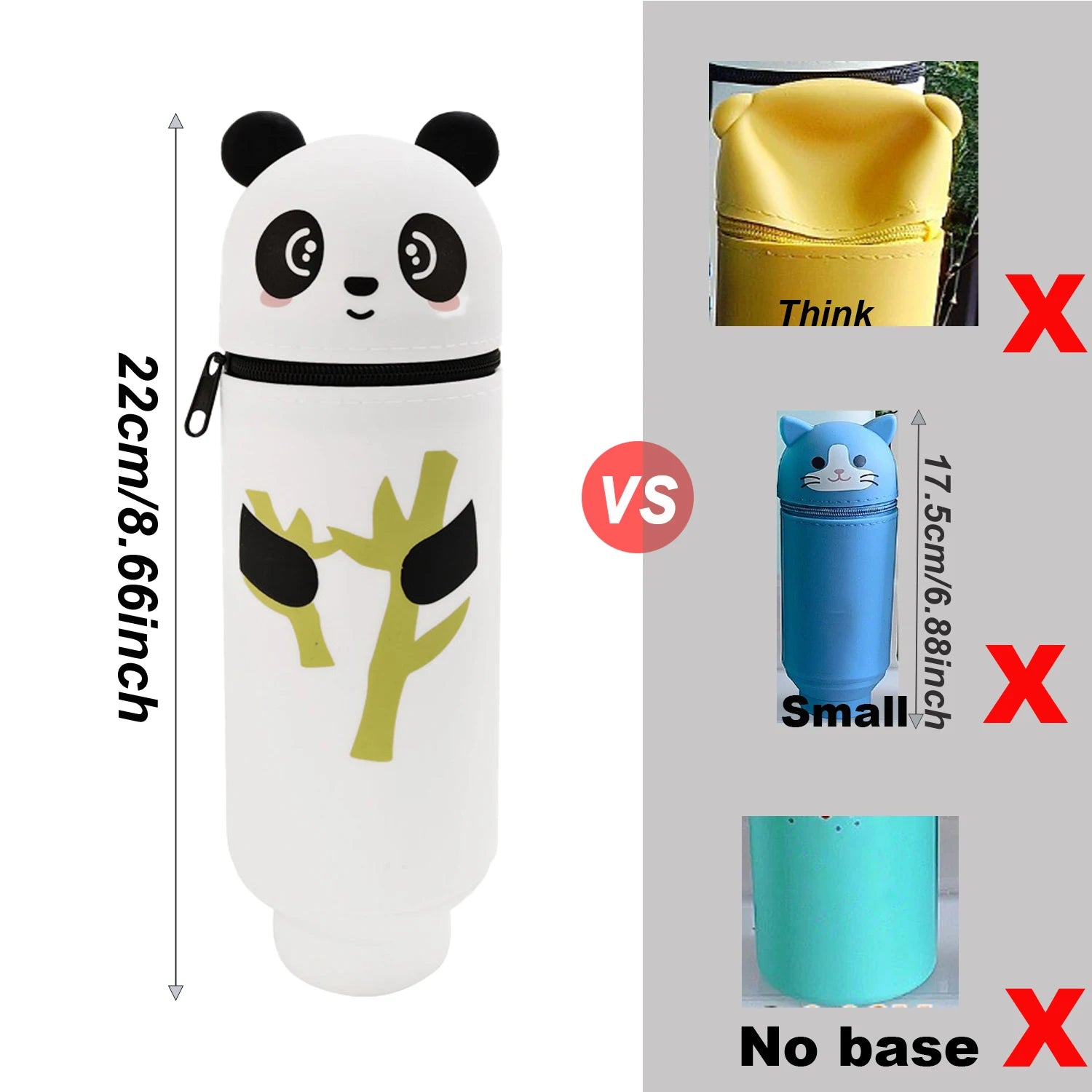 Comparison photo showing panda pencil case with base next to other cases without base and of different sizes