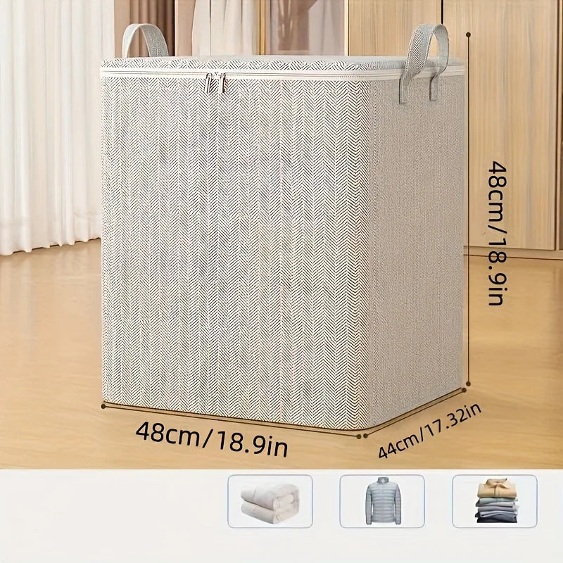 Extra large storage bin with fabric handles, shown with sizing dimensions in centimeters and inches