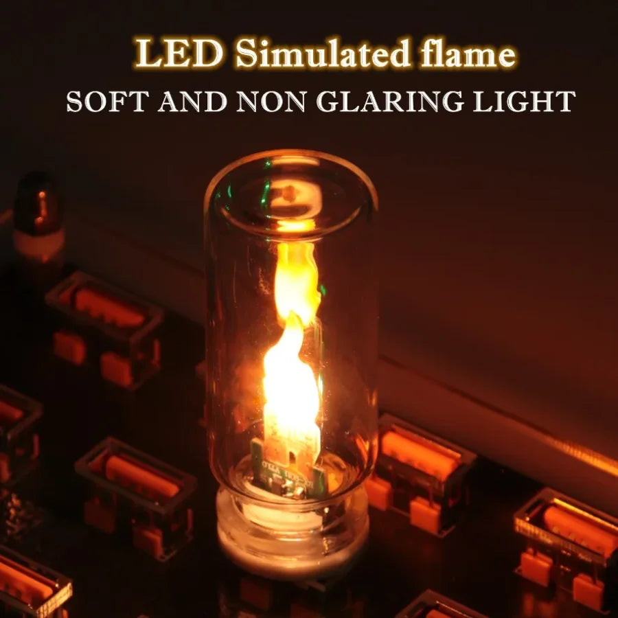 LED simulated flame in transparent glass USB candle night light, softly glowing on desktop