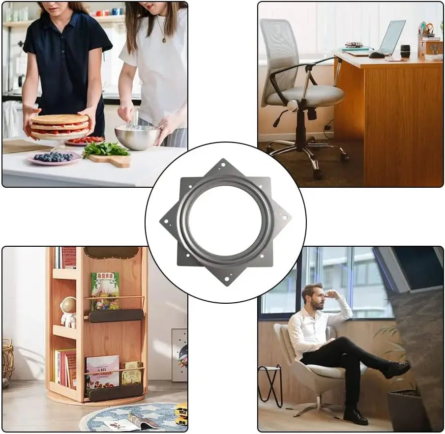 turntable bearing surrounded by four lifestyle contexts including a kitchen scene, office chair, toy storage shelf, and home office chair