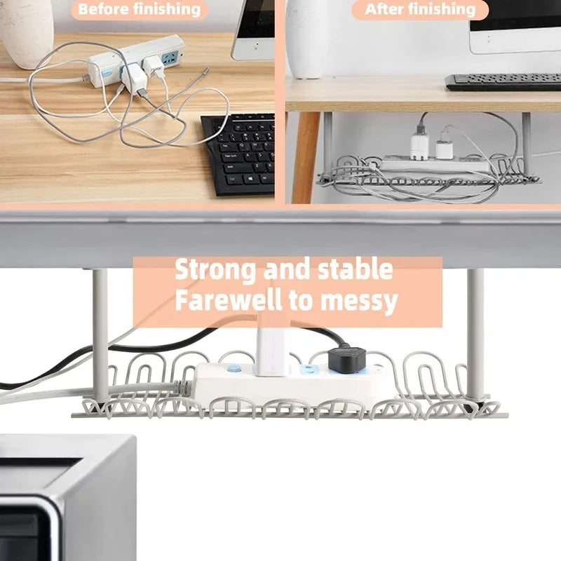 before and after comparison using the cable tray to tidy desk cables