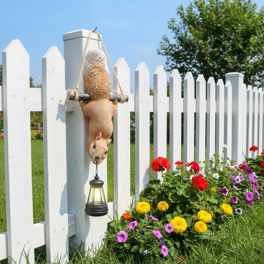 Squirrel solar garden light hanging from a white fence post surrounded by flowers