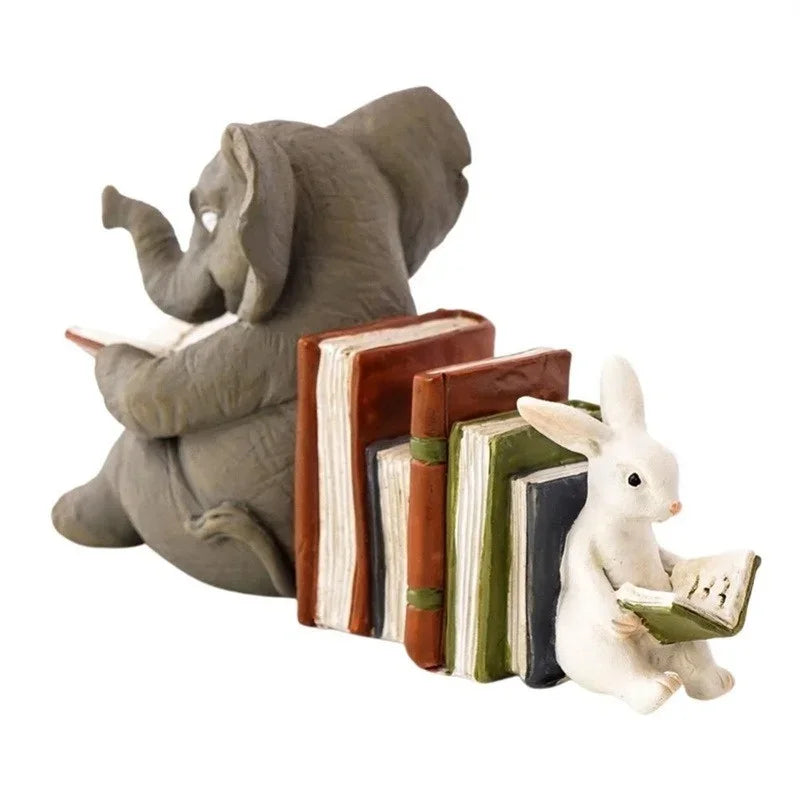 Resin bookend featuring an elephant and rabbit reading with stacked books