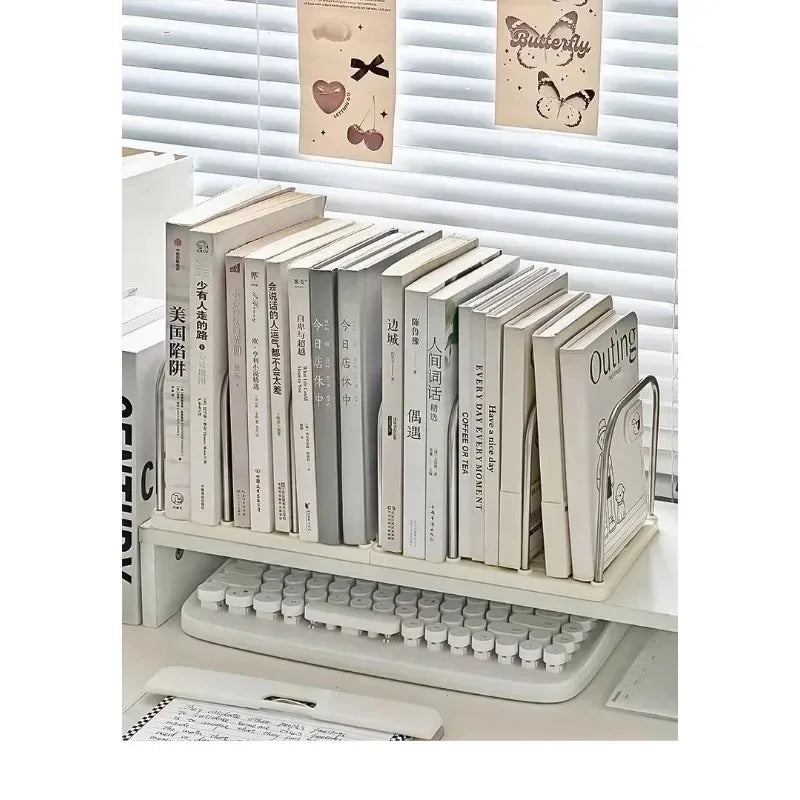 desktop bookshelf organizer filled with books on a windowsill desk