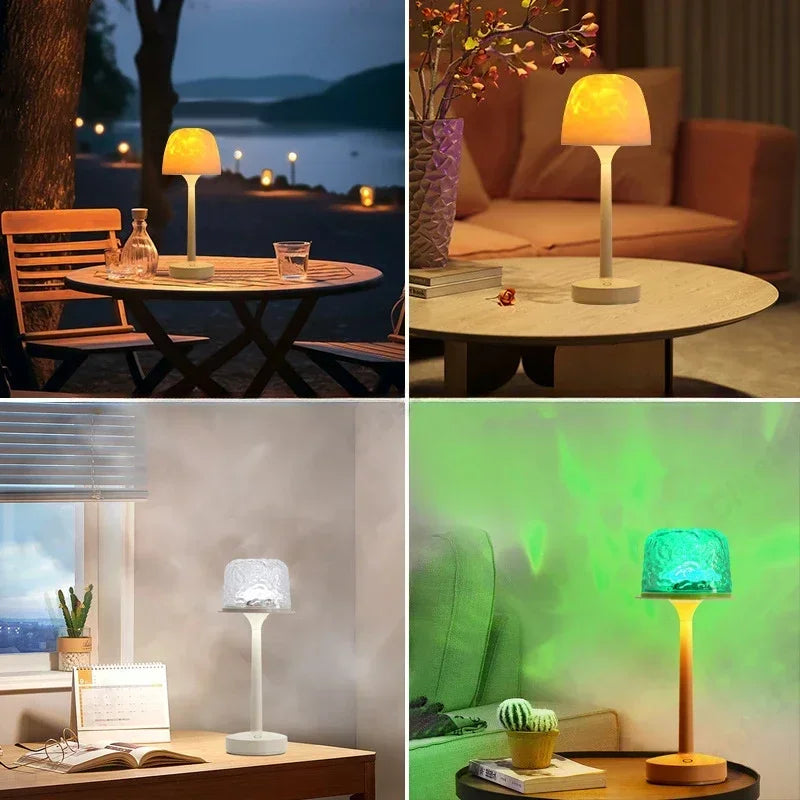 Linden Mushroom Ripple Table Lamp – 16-Color Rechargeable LED with Water Projection for Bedroom or Living Room