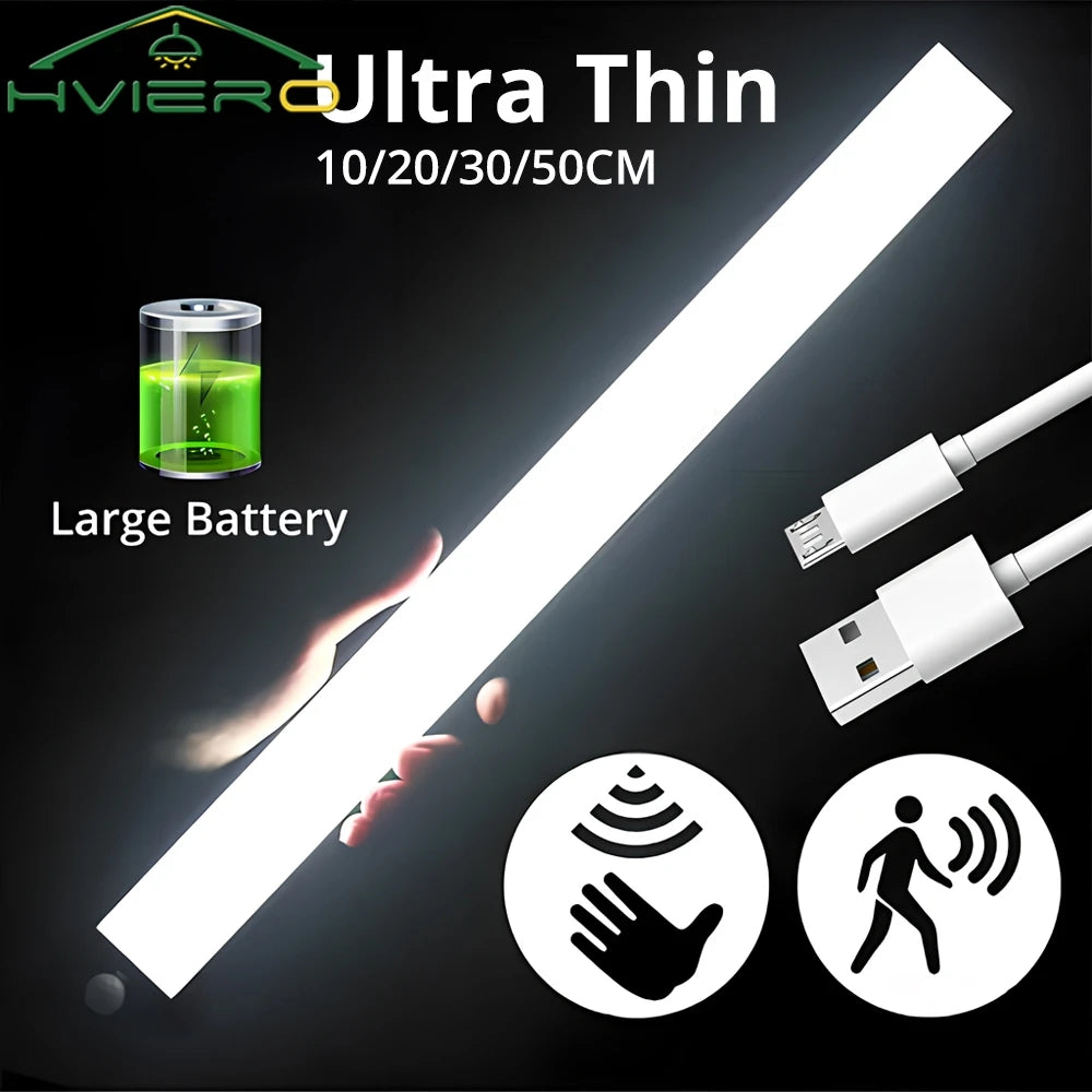 Ultra thin wireless LED night light with USB cable and battery icon