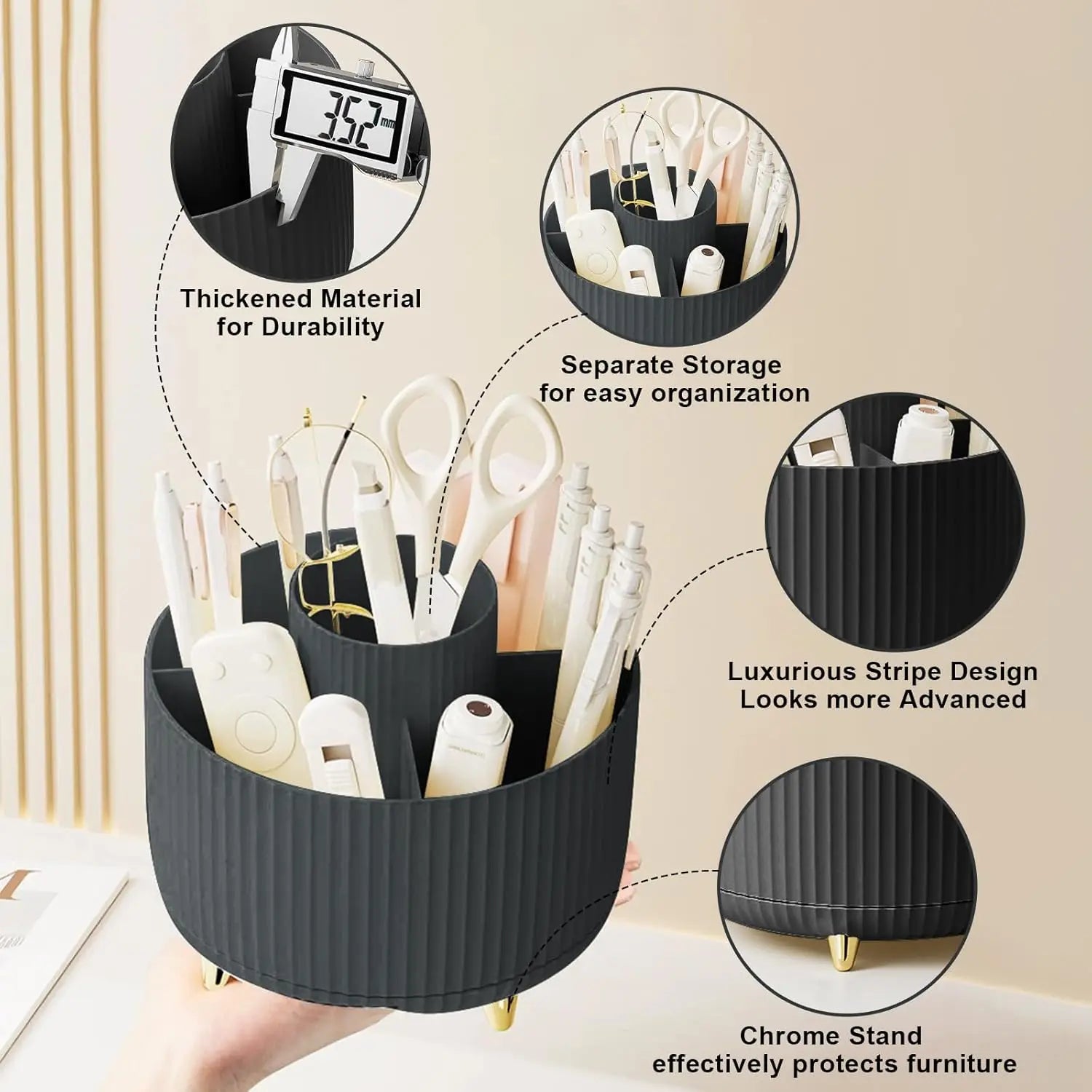 Black organizer with separate storage, ribbed texture, and gold feet, holding pens, scissors, and office supplies