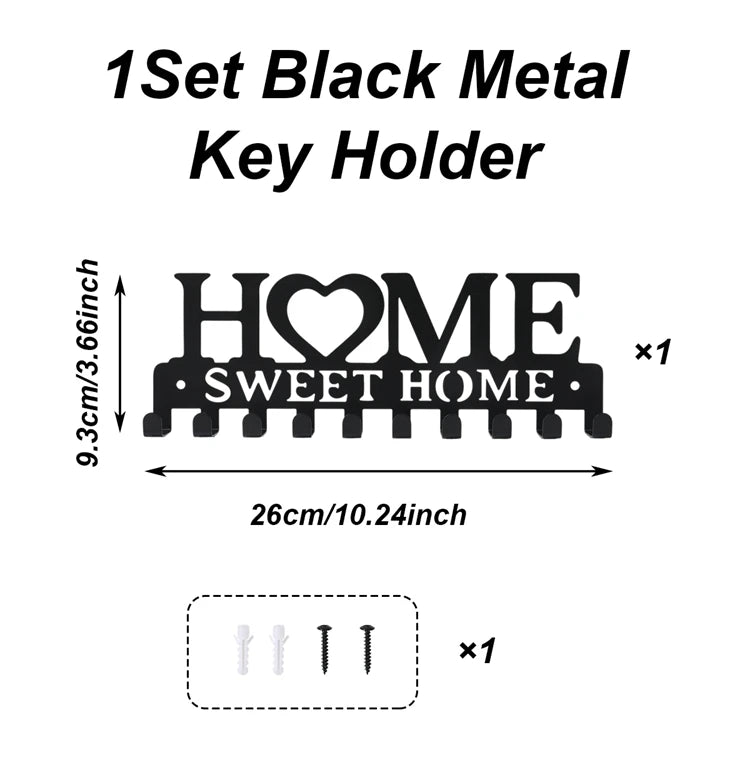 Wall-Mounted Black Metal Key Rack with 10 Hooks