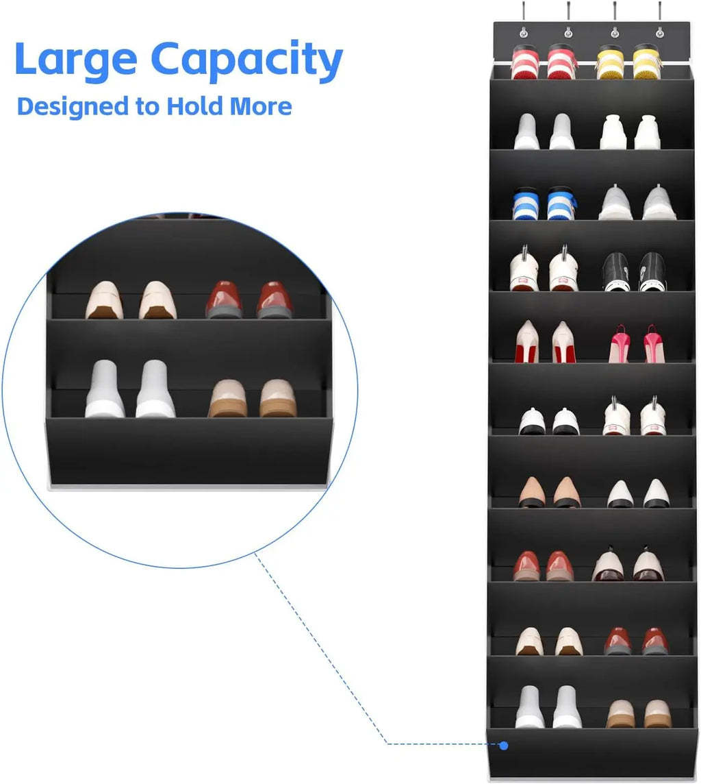Large capacity black shoe organizer displaying several pairs of shoes on different tiers, with close-up detail