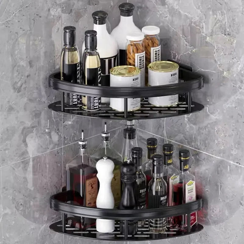 No-Drill Black Aluminum Corner Bathroom Shelf