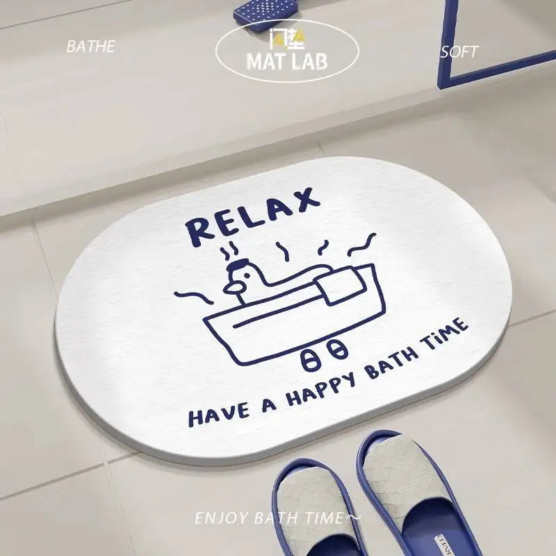 Oval white bath mat with blue cartoon duck in bathtub illustration, styled near slippers