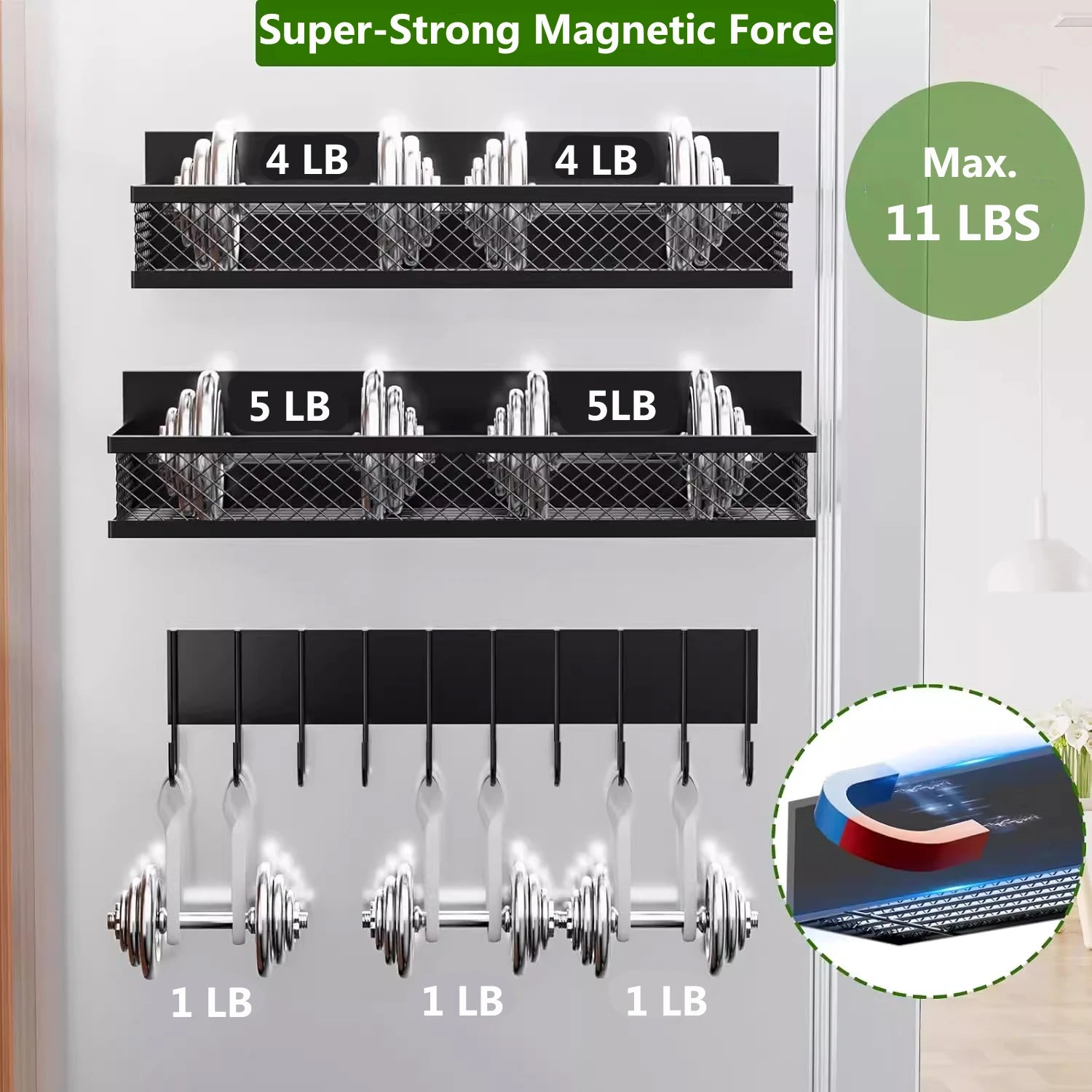 Magnetic spice rack set with labeled weight capacity, shown on fridge with hooks holding utensils below shelves