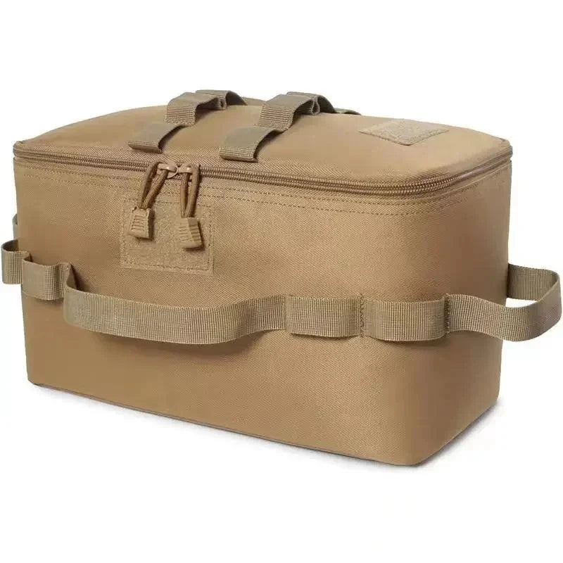 Closed khaki utility storage bag shown at an angle highlighting handles and zippered top