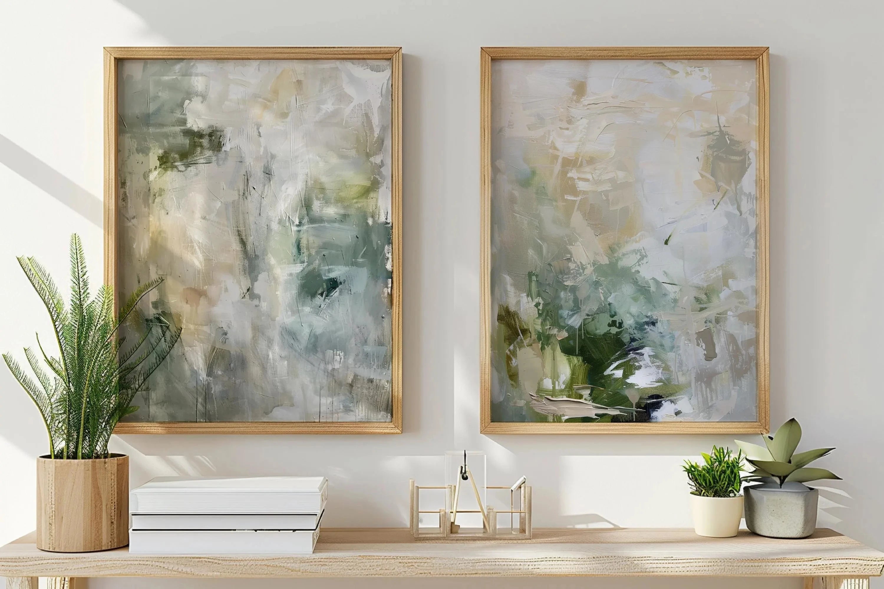 Pair of abstract canvas prints on a shelf with plants and books in a bright room