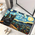Rectangular Starry Night black cat doormat at an indoor entryway