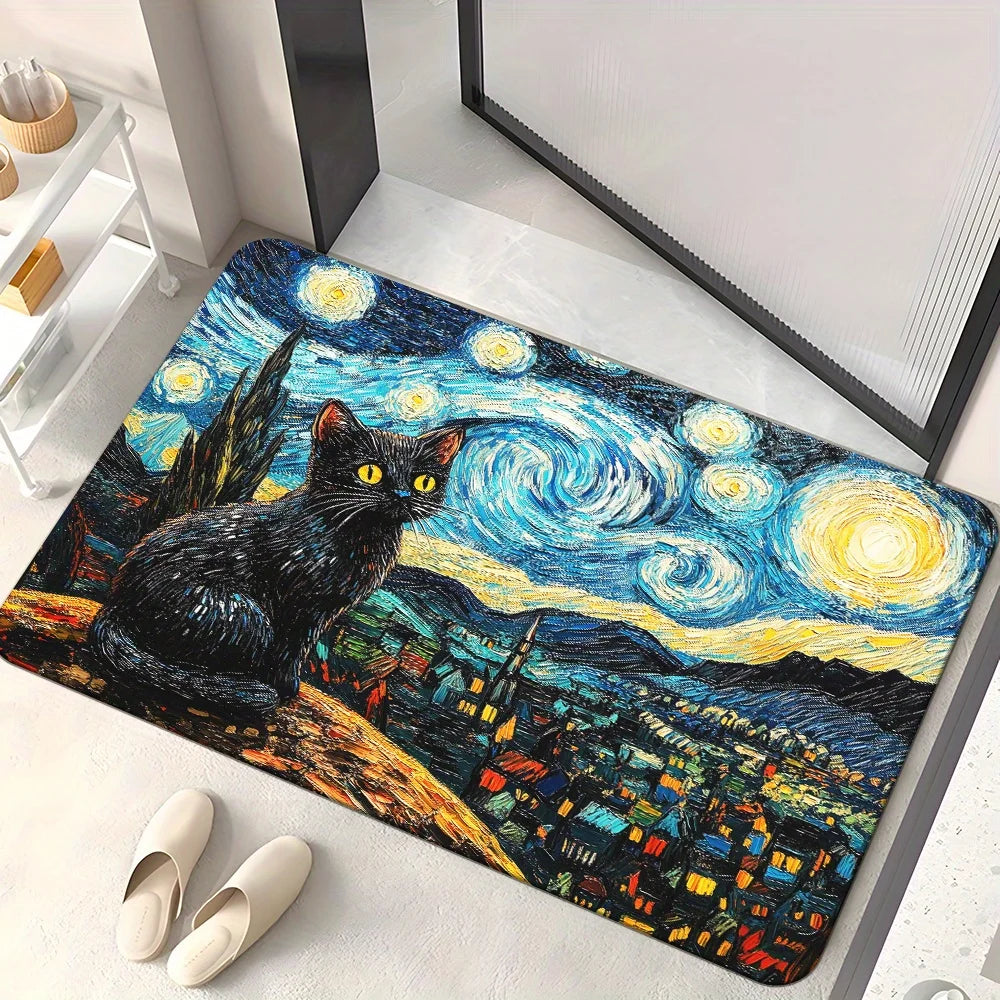 Rectangular Starry Night black cat doormat at an indoor entryway