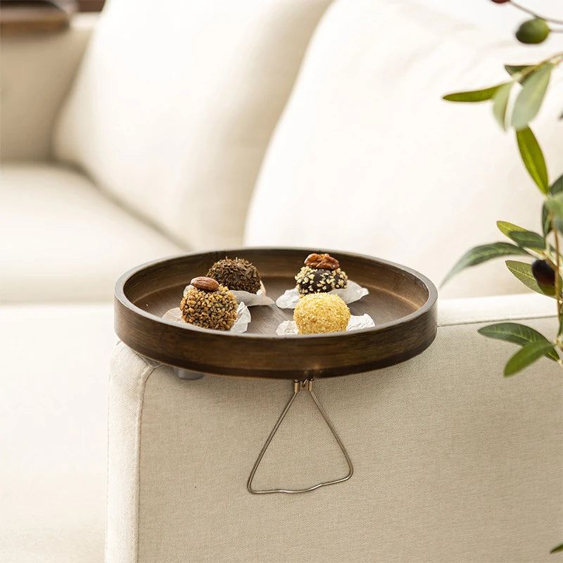 Bamboo Clip-On Sofa Armrest Tray Table for Living Room Drinks & Snacks, Round or Square, Walnut or Natural Finish