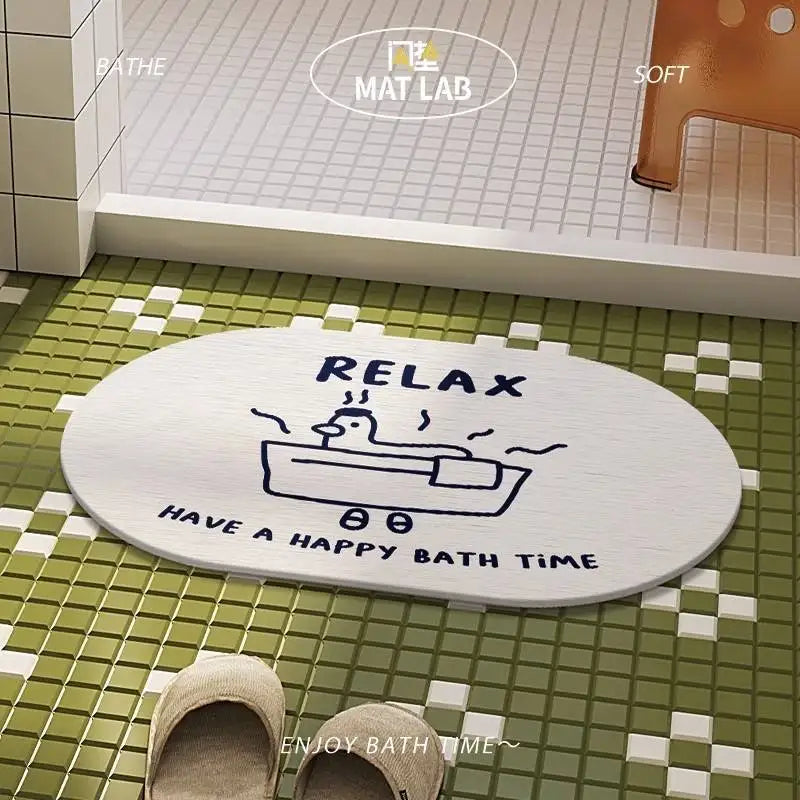 Duck cartoon bath mat with blue bathtub motif, placed near green bathroom tiles and slippers