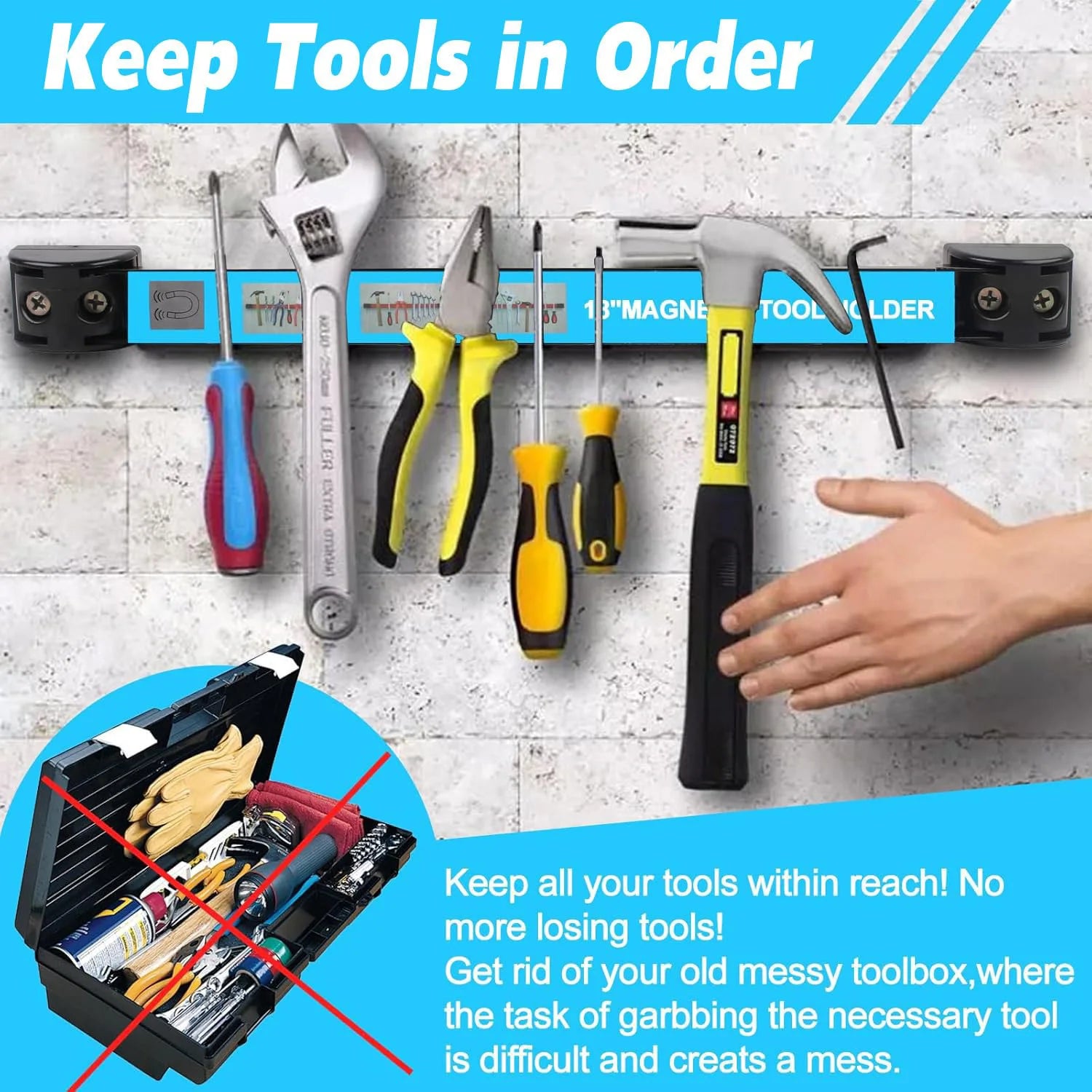 Magnetic strip mounted on wall holding several tools, with a hand reaching for a hammer