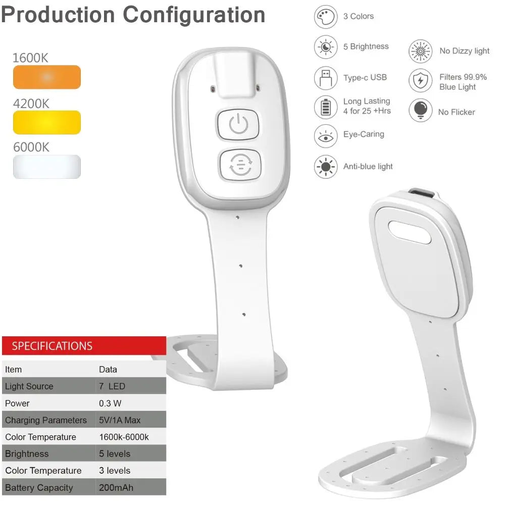 specification page of book light showing 7 LEDs, 3 color temperatures, battery details