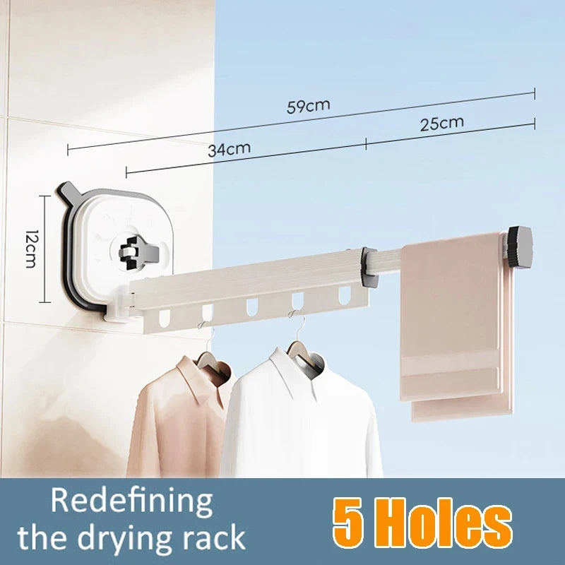 White Folding Suction Cup Drying Rack, Aluminum Wall-Mounted Telescopic Clothes Hanger for Laundry & Balcony