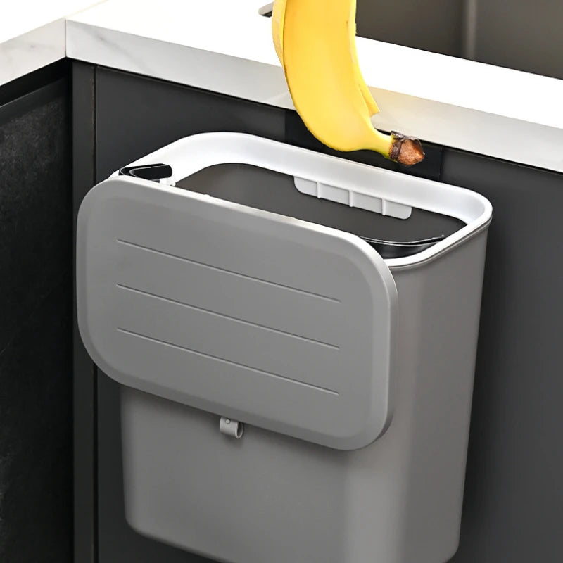 Wall-Mounted Rectangular Trash Bin with Lid – White Plastic, 9L