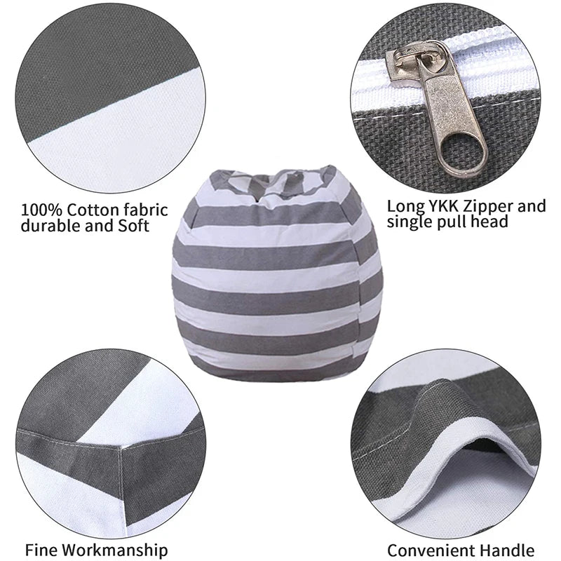 Details of striped canvas toy storage bag: zipper, handle, and fabric closeups