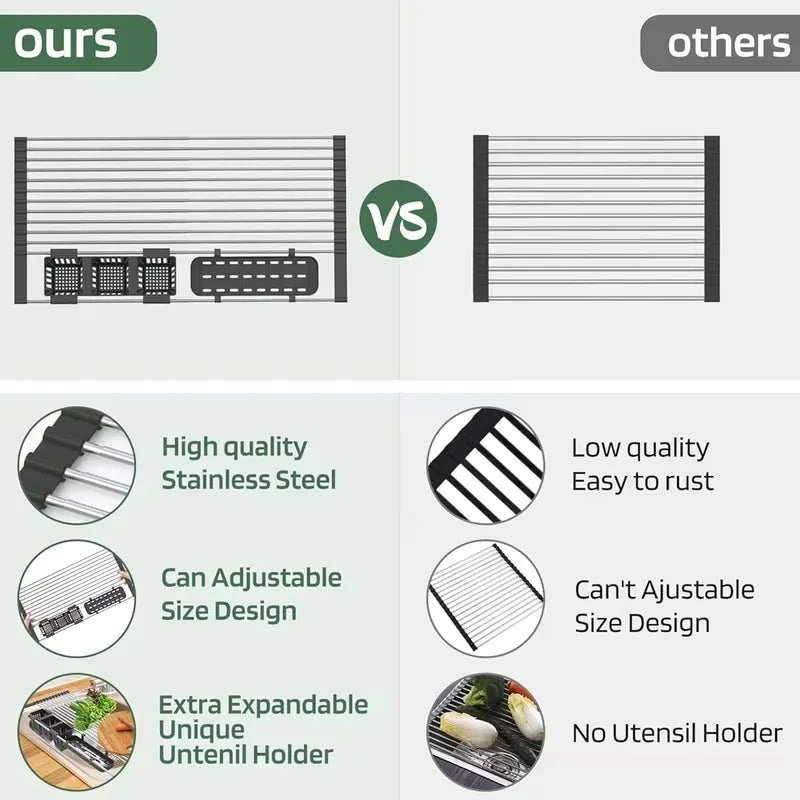 Comparison graphic showing expandable stainless steel over-sink drying rack with utensil holders versus basic drying rack