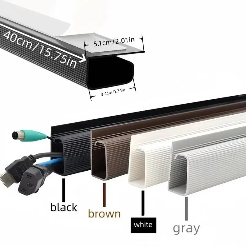 All four colors of the adhesive cable organizer tray (black, brown, white, gray) shown with dimensions and example cables