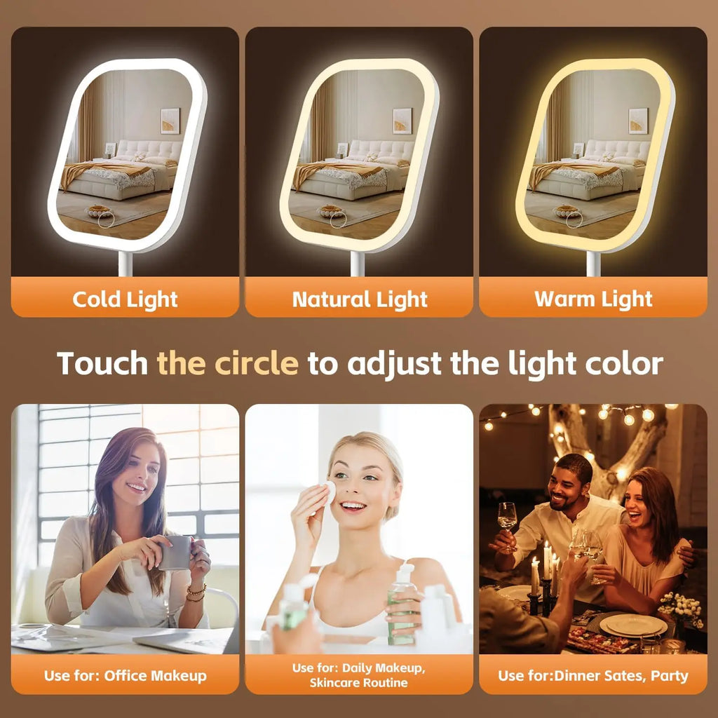 White Rechargeable Vanity Makeup Mirror with Touch Light & 270° Rotation for Bedroom or Bathroom