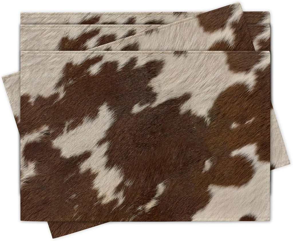 Brown cowhide pattern rectangular placemat set displayed stacked