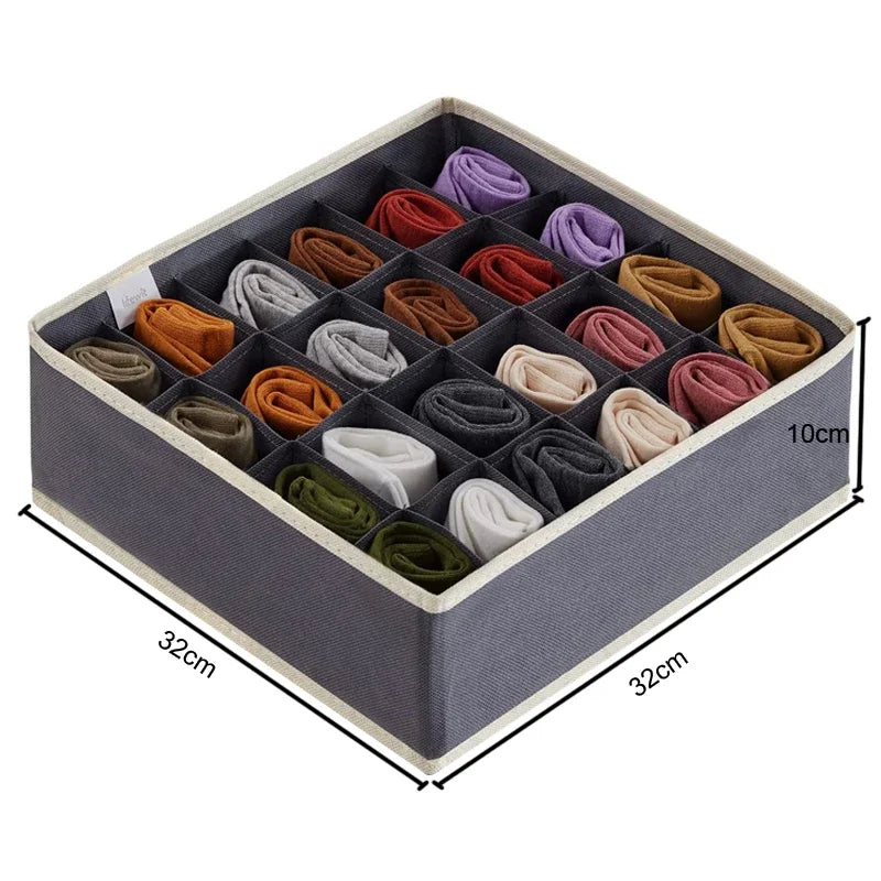 24-Grid Foldable Sock & Underwear Drawer Organizer Bin – Non-Woven Fabric, Stackable, in Gray or Beige
