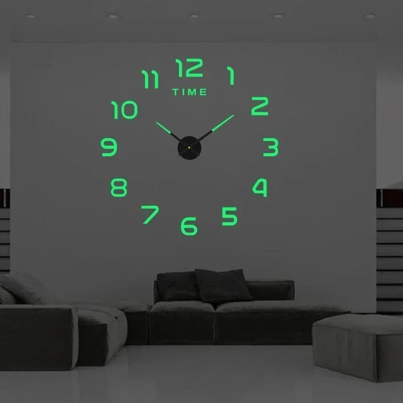 large 3D wall clock with glowing green numbers in a modern living room