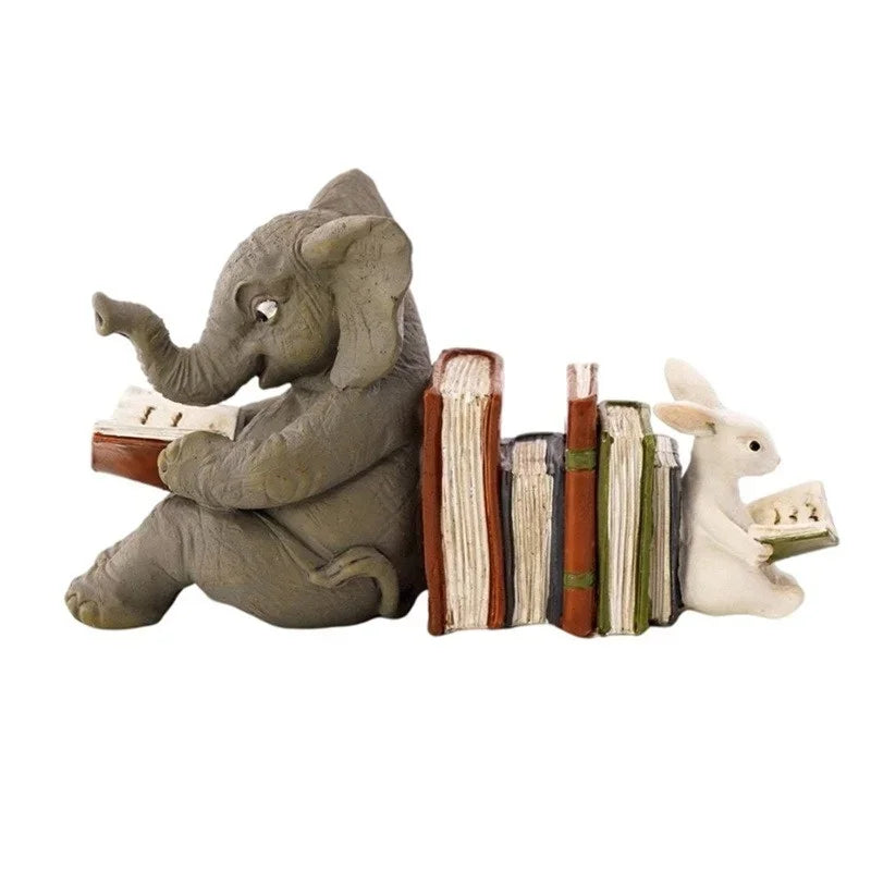 Arden Animal Friends Resin Bookend – Elephant & Rabbit Reading Statue for Bookshelf or Desk
