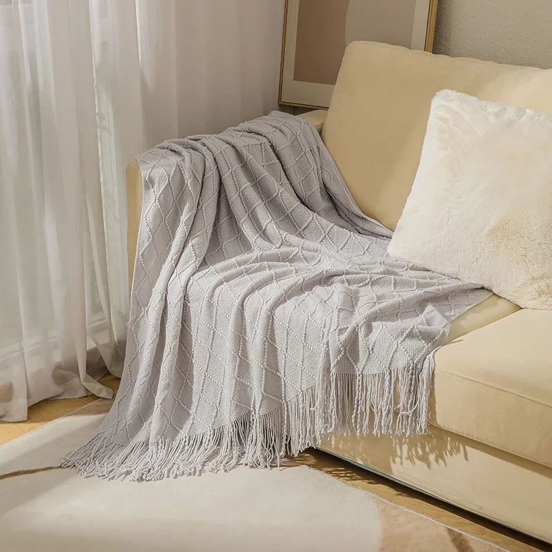Nordic Knit Acrylic Throw Blanket with Tassels for Bed, Sofa, and Cozy Winter Decor