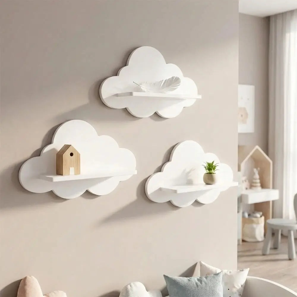Cloud-Shaped Floating Wall Shelf – White Wooden Nursery Display